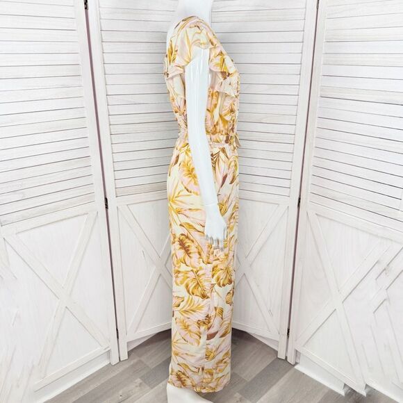 June & Hudson Tropical Print Belted Wide Leg Jumpsuit Pink Yellow Medium - Picture 3 of 12